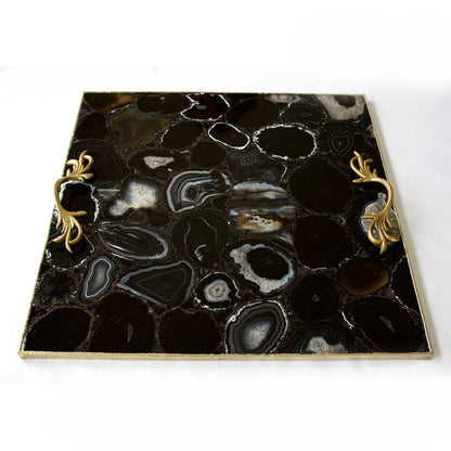Black Agate Serving Tray With Brass Handles | Square-2