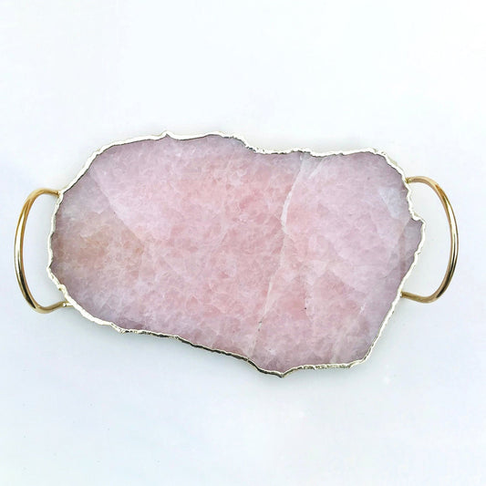 Rose Quartz Agate Serving Tray With Brass Loop Handles-0