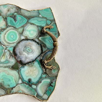 Large Green Agate Serving Tray With Brass Handles/Personalised Momentos/Sign Boards 10"x15"-2