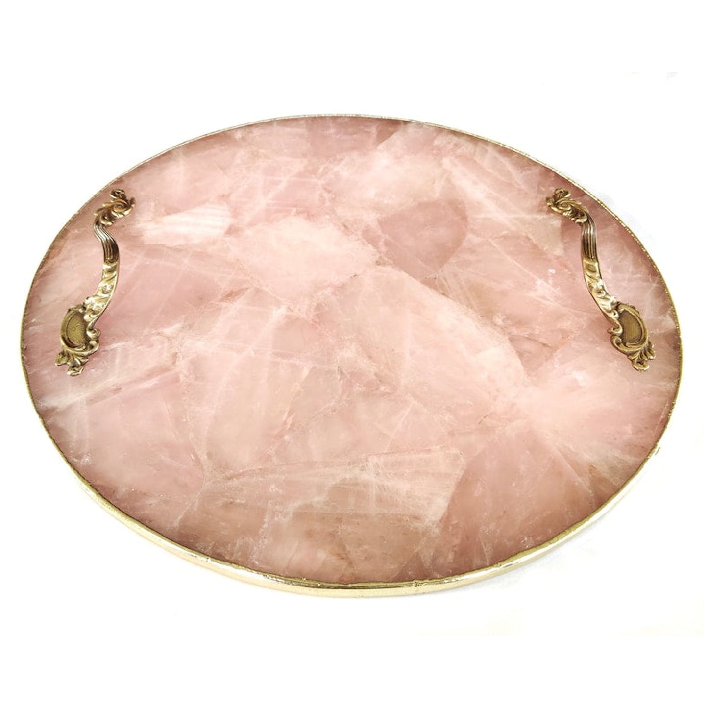 Rose Quartz Agate | Serving Tray With Brass Handles | Circular |-1
