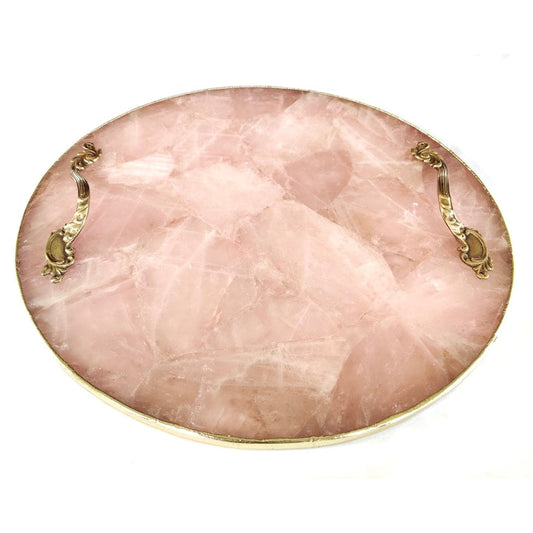 Rose Quartz Agate | Serving Tray With Brass Handles | Circular |-1