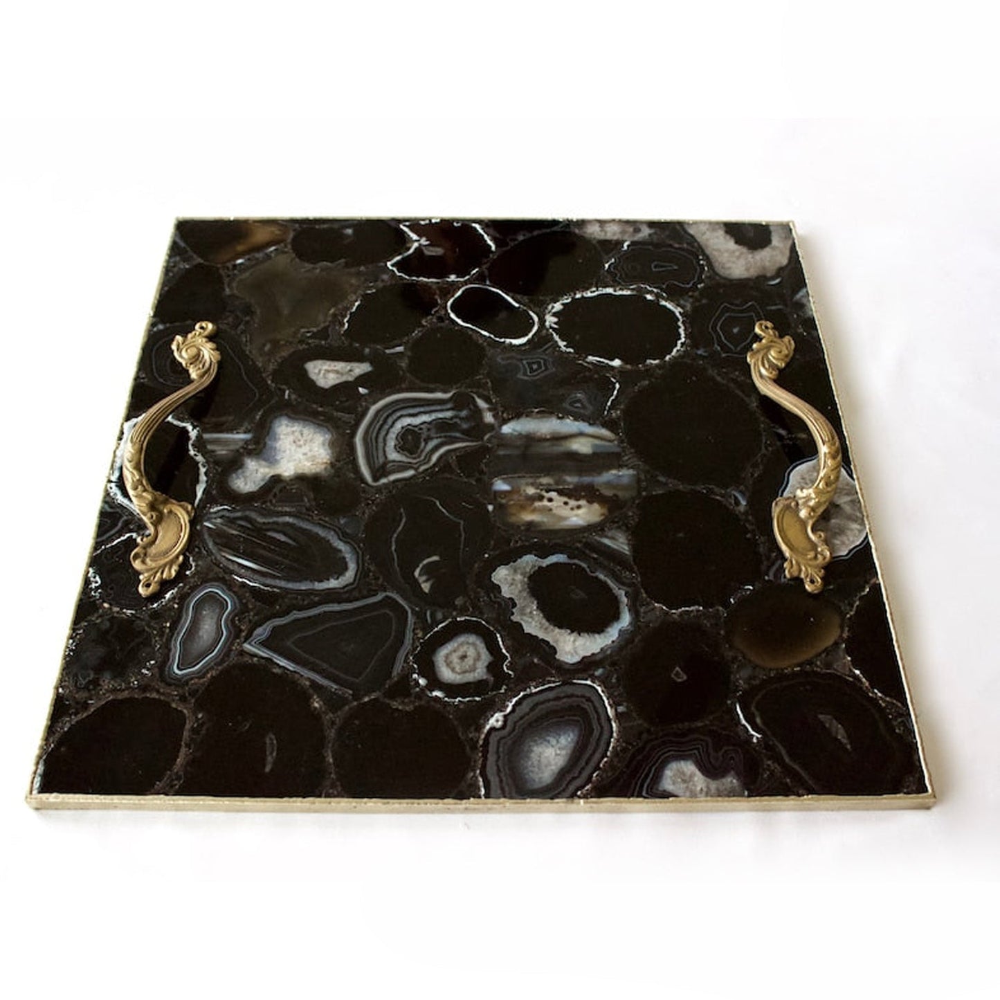 Black Agate Serving Tray With Brass Handles | Square-3