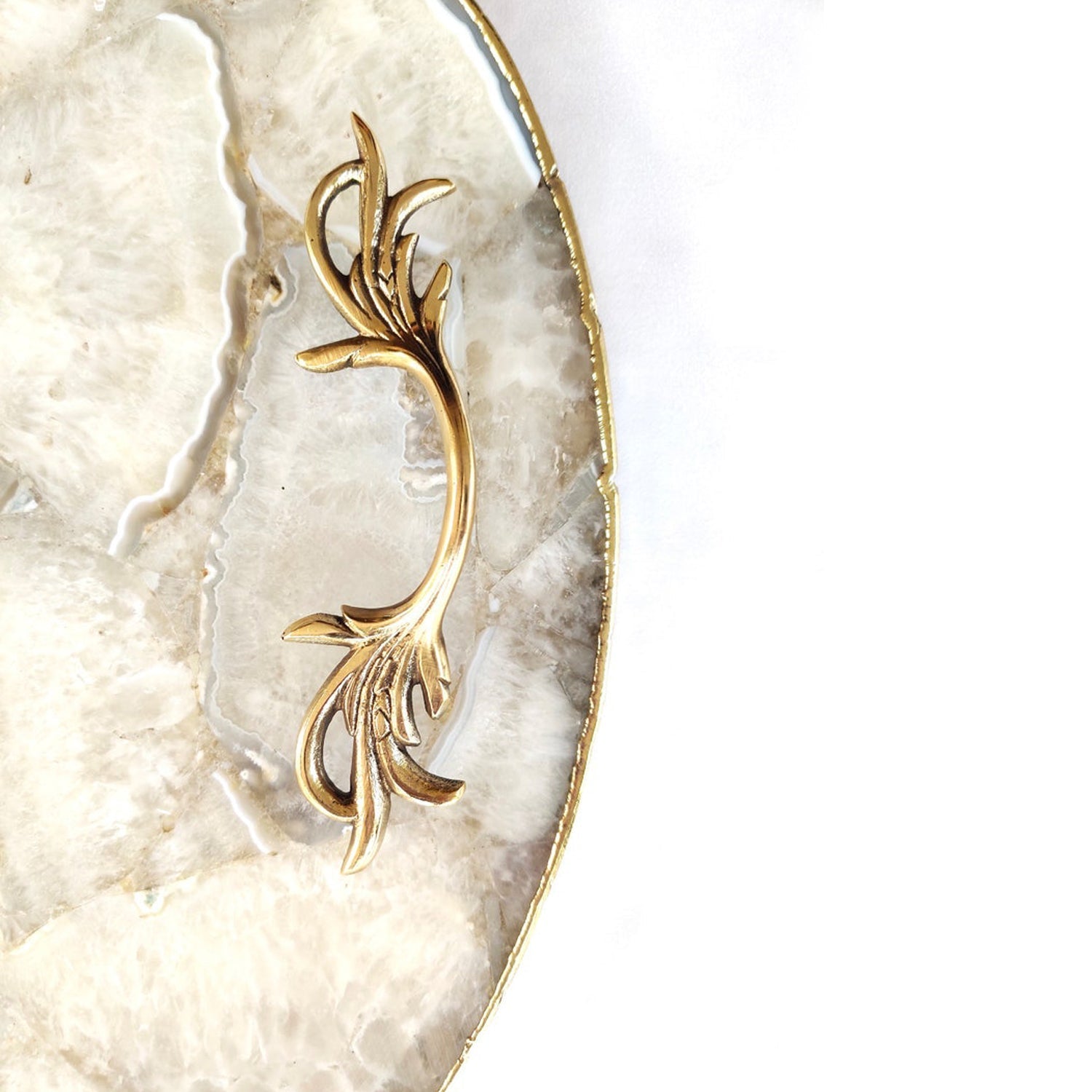White Agate Serving Tray With Brass Handles | Circular |-2