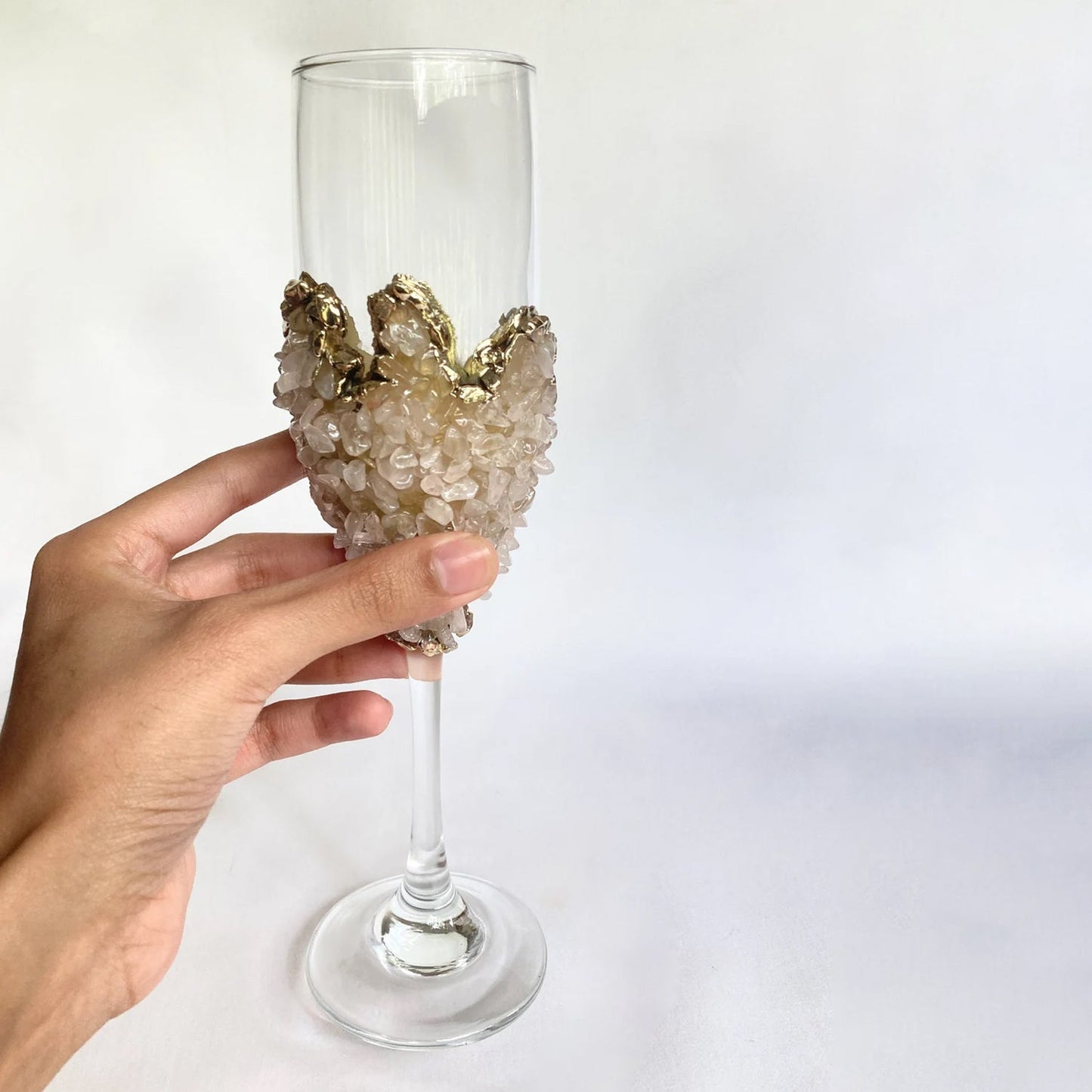 Set of 2 |Crystal Wine/Champagne Glasses with Gold Plated Rose Quartz Agate/Quartz Semi-precious Crystals | 7 oz/215 ml-2