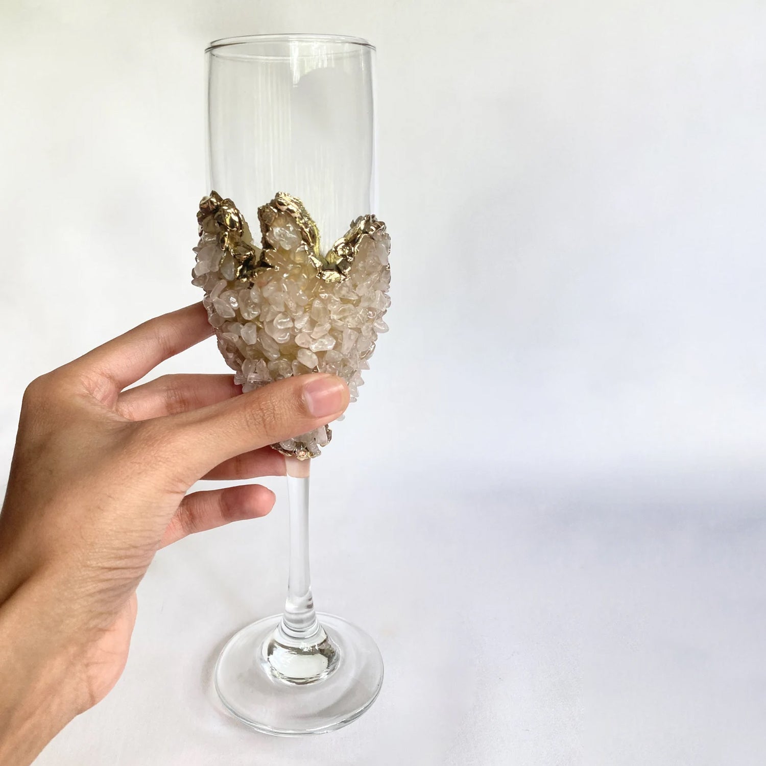 Set of 2 |Crystal Wine/Champagne Glasses with Gold Plated Rose Quartz Agate/Quartz Semi-precious Crystals | 7 oz/215 ml-2