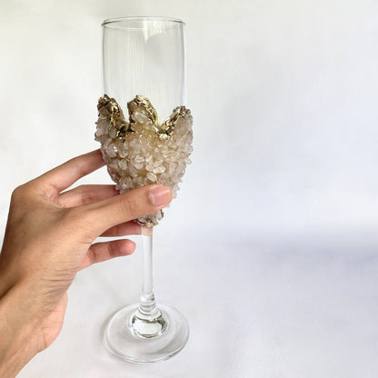 Set of 2 |Crystal Wine/Champagne Glasses with Gold Plated Rose Quartz Agate/Quartz Semi-precious Crystals | 7 oz/215 ml-2