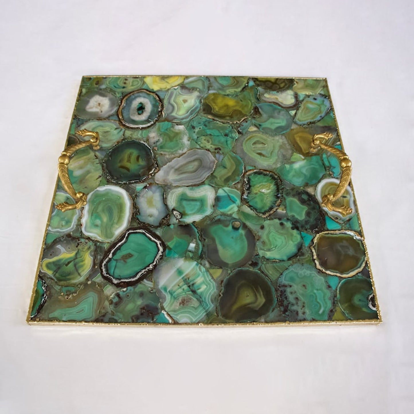 Light Green Agate Serving Tray With Brass Handles | Square-3