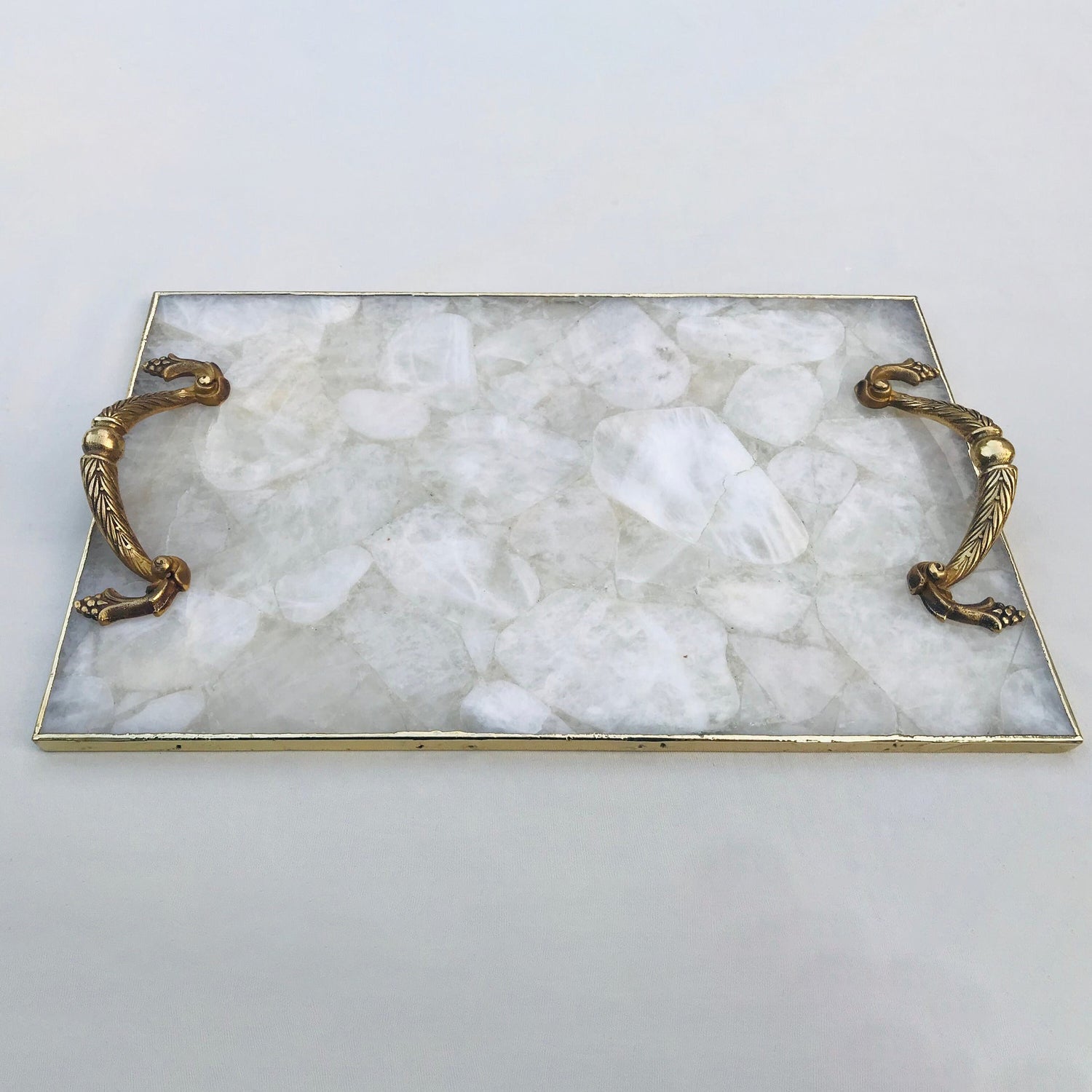 White Agate  Serving Tray With Brass Handles-2