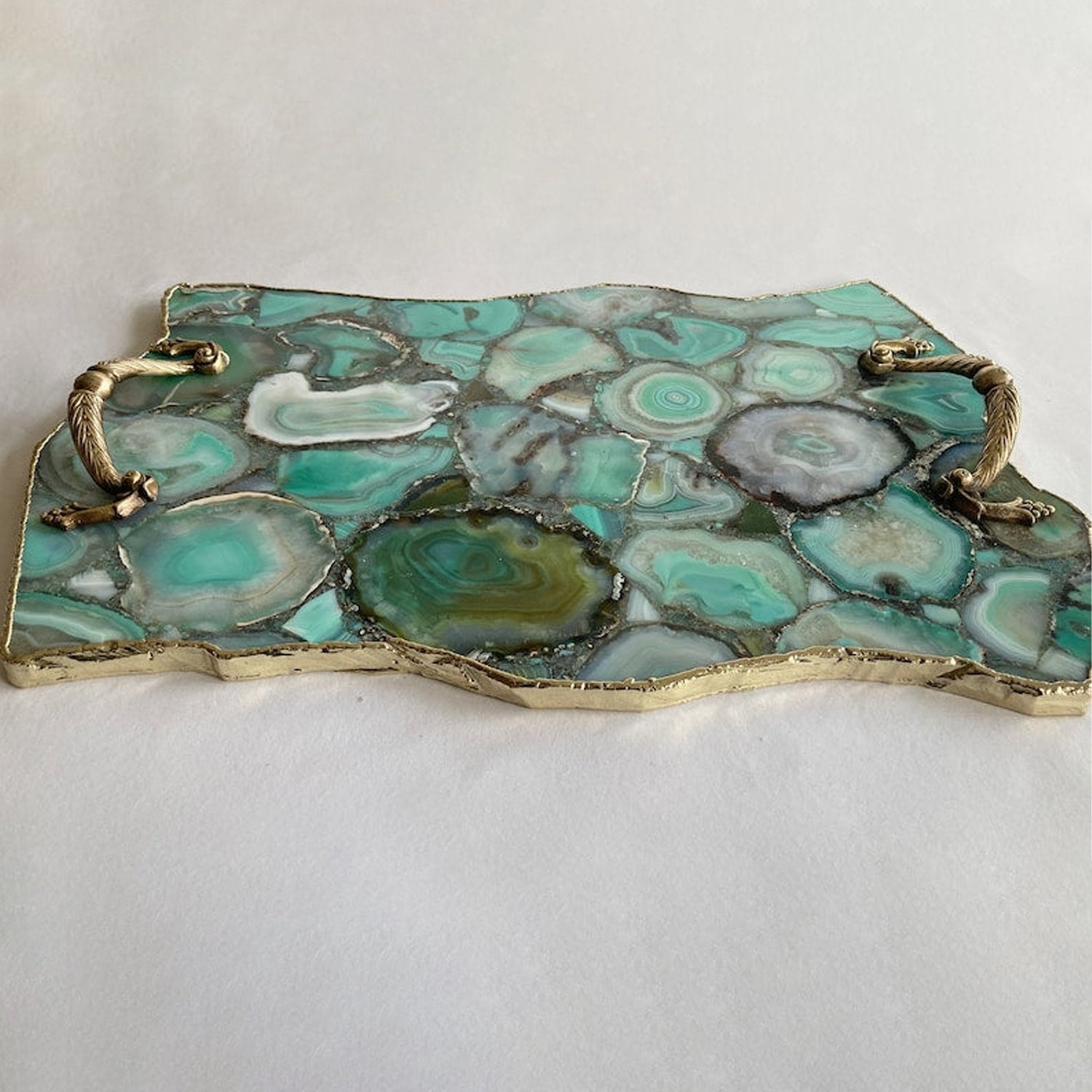 Large Green Agate Serving Tray With Brass Handles/Personalised Momentos/Sign Boards 10"x15"-3