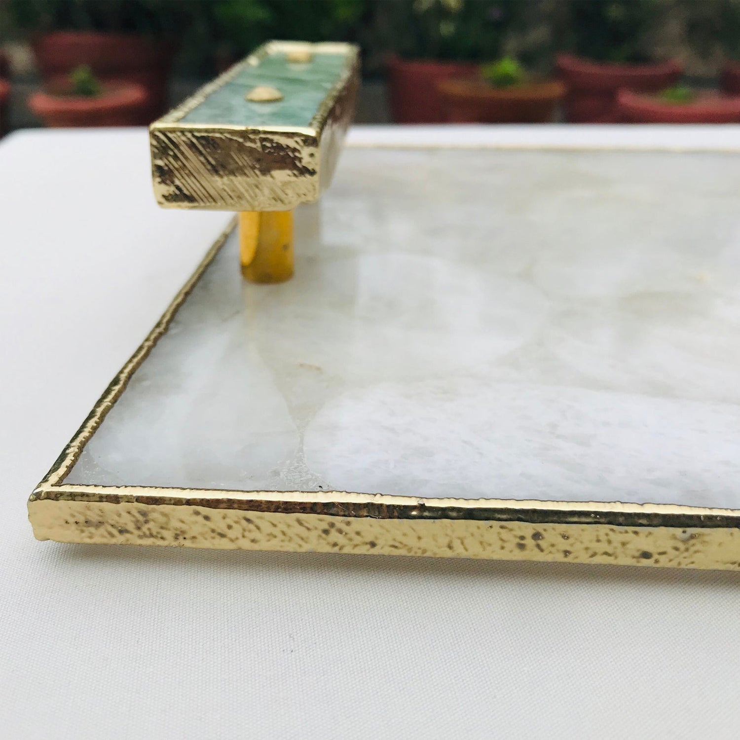 White Crystal Agate Plated Serving Tray With Green Agate Handles/Personalised Momentos/Sign Boards-3