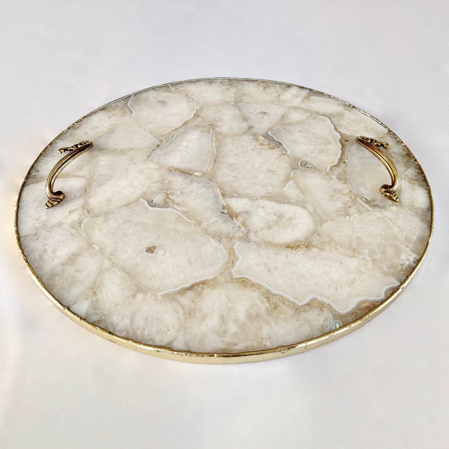 White Agate  Serving Tray With Brass Handles | Circular |-3