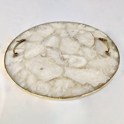 White Agate  Serving Tray With Brass Handles | Circular |-3