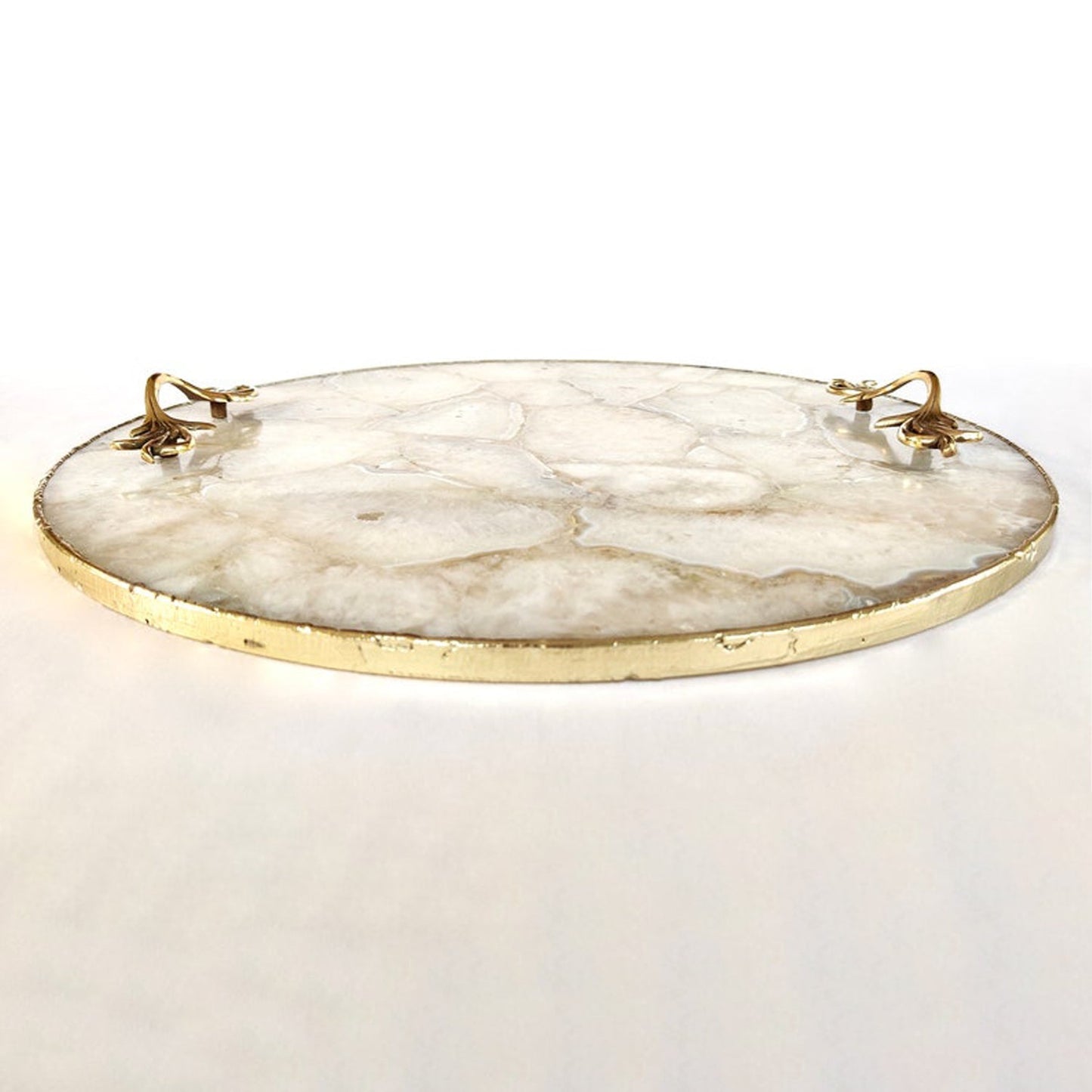 White Agate Serving Tray With Brass Handles | Circular |-3