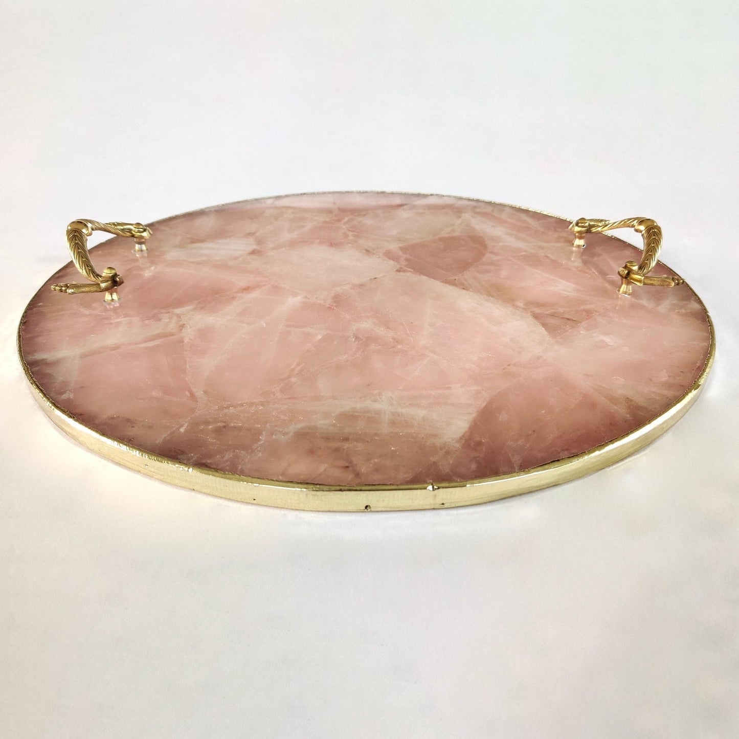 Rose Quartz Agate | Serving Tray With Brass Handles | Circular |-3