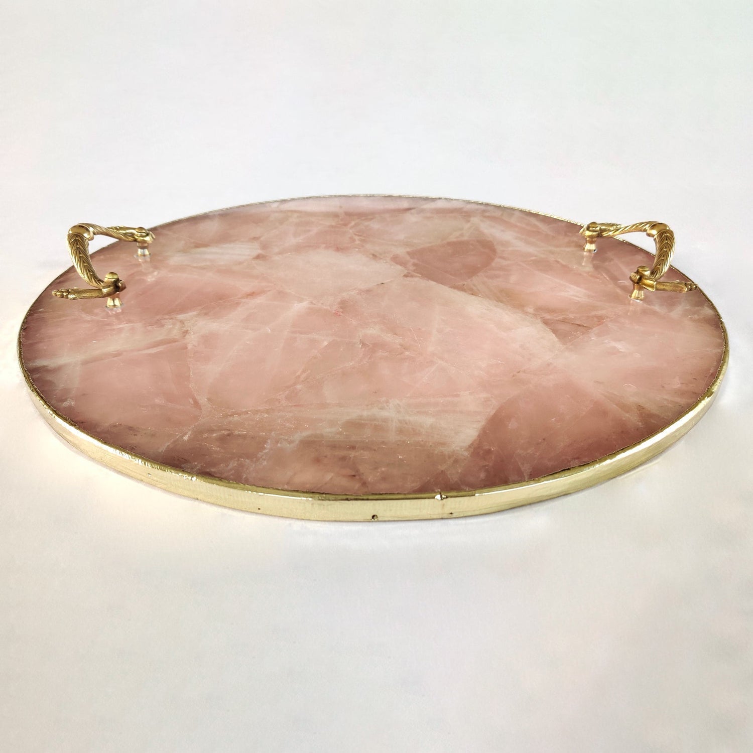 Rose Quartz Agate | Serving Tray With Brass Handles | Circular |-3