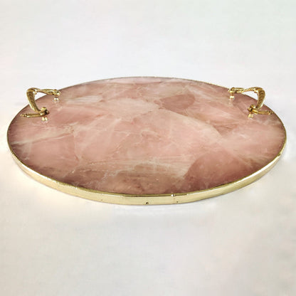 Rose Quartz Agate | Serving Tray With Brass Handles | Circular |-3