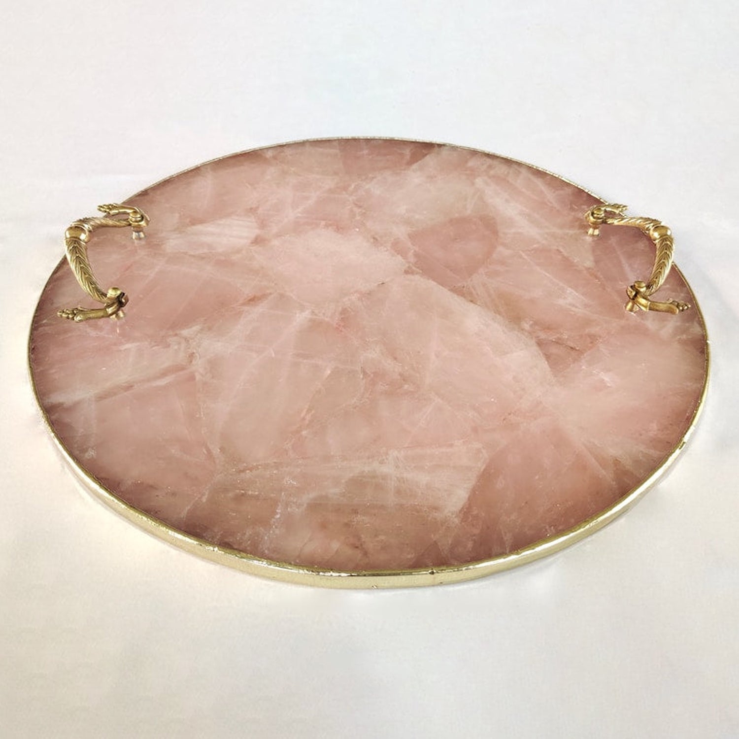 Rose Quartz Agate | Serving Tray With Brass Handles | Circular |-4
