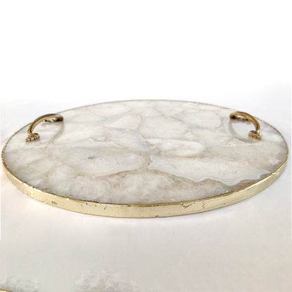 White Agate  Serving Tray With Brass Handles | Circular |-4