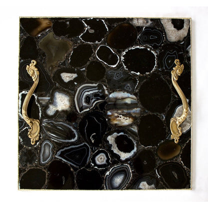 Black Agate Serving Tray With Brass Handles | Square-0