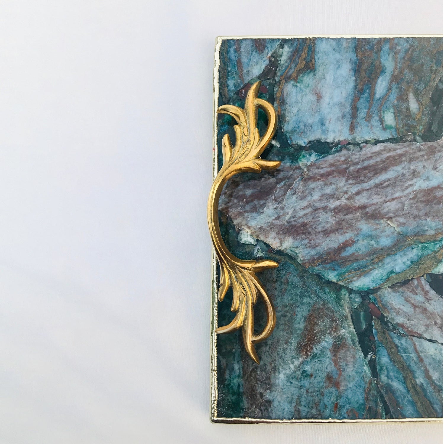 Green Aventurine Agate  Serving Tray With Brass Handles-2