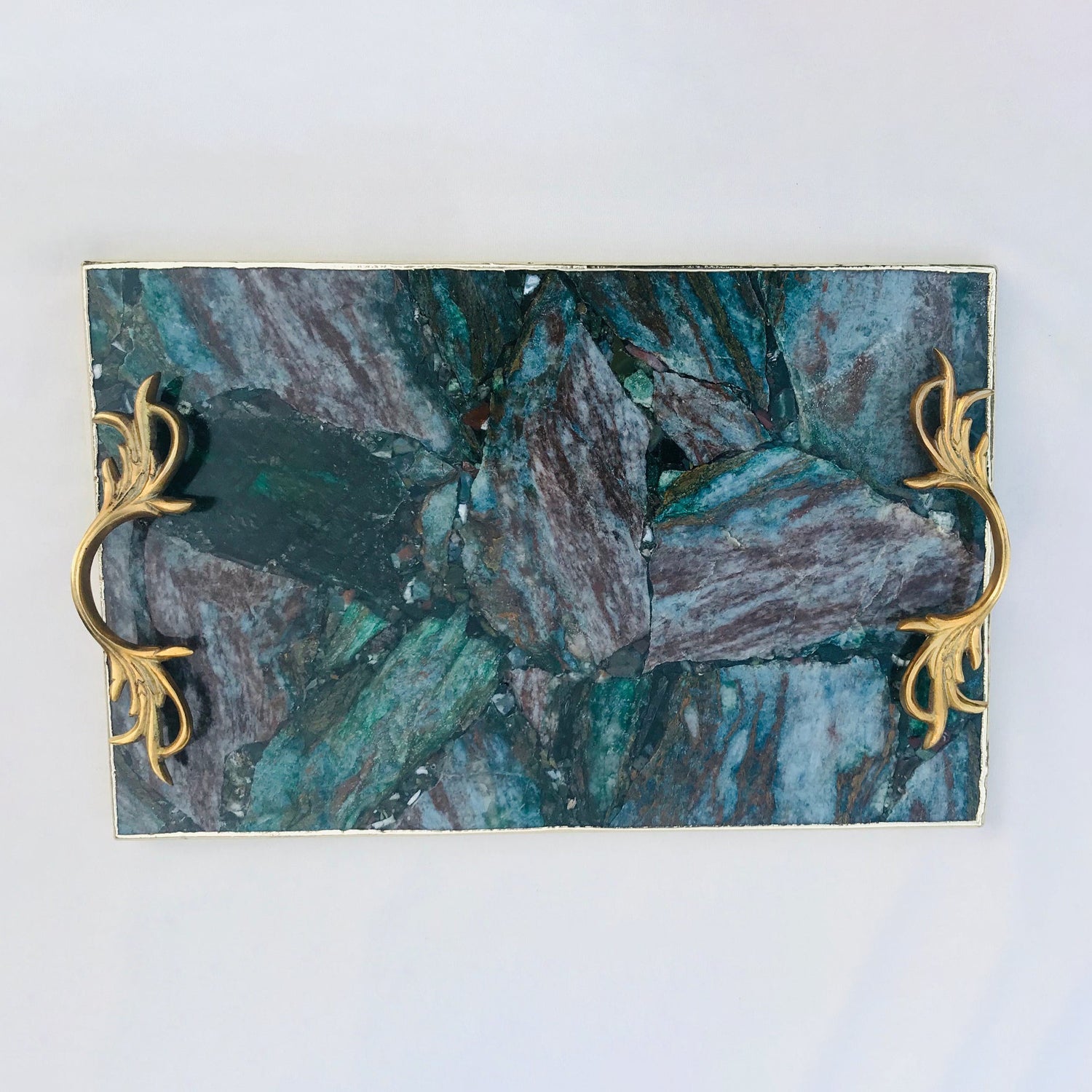 Green Aventurine Agate  Serving Tray With Brass Handles-0