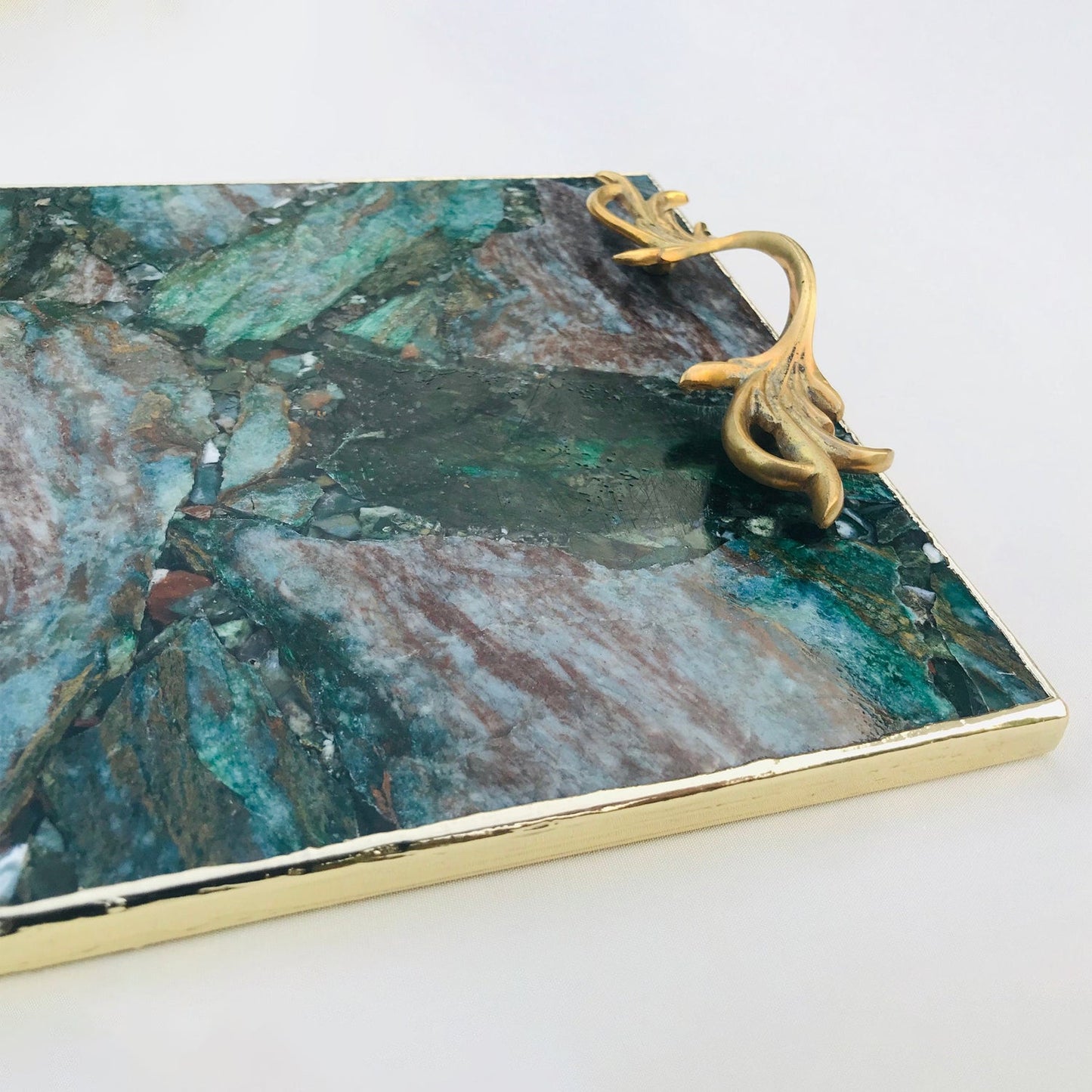 Green Aventurine Agate  Serving Tray With Brass Handles-4