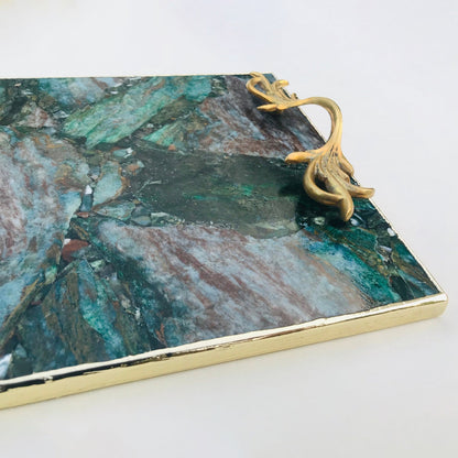 Green Aventurine Agate  Serving Tray With Brass Handles-4