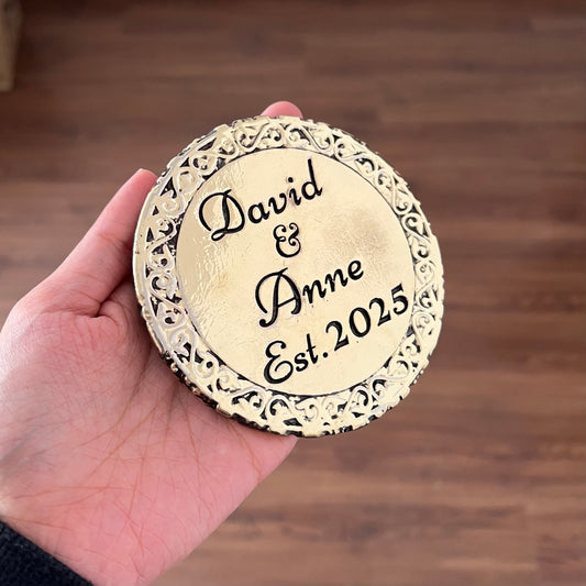 Custom engraved round coasters | Personalized metal name decor in gold, silver or antique | set of 4-0