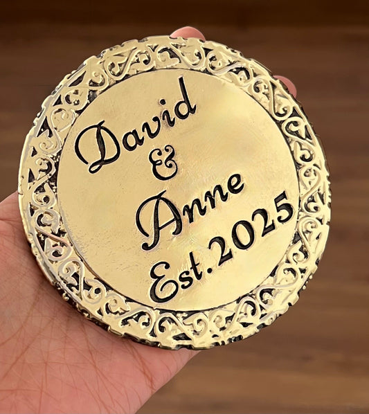 Custom engraved round coasters | Personalized metal name decor in gold, silver or antique | set of 4-1