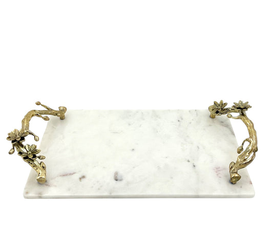 White Marble Tray with Gilded Floral Handles-0