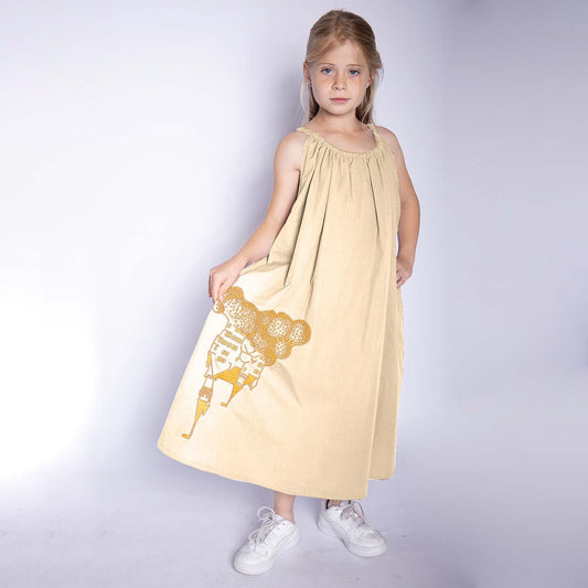 Beige Girls Boho Dress with Golden Castle Embroidery