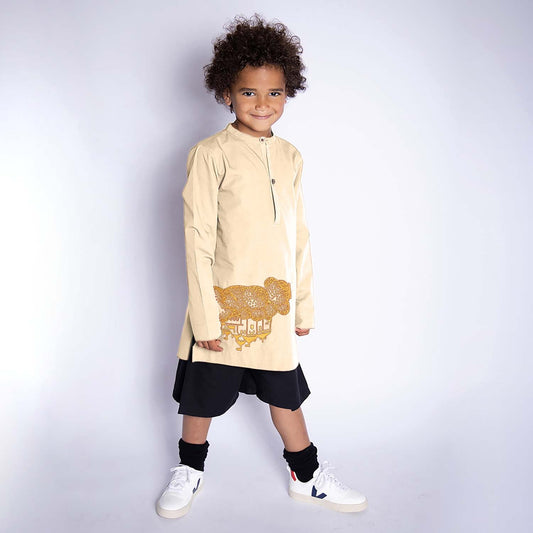 Beige Kids Tunic with Golden Castle Embroidery