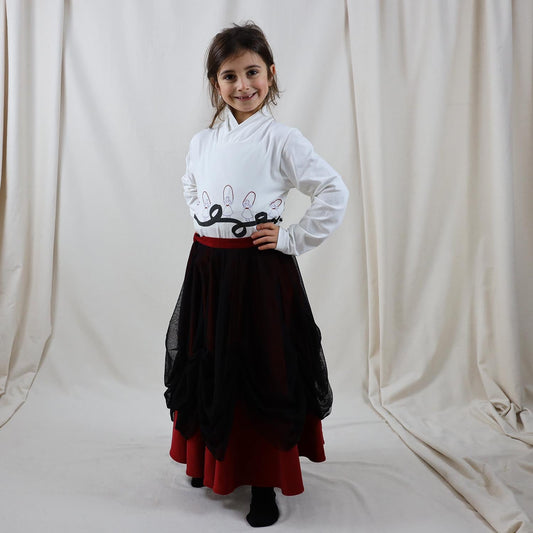 Red Corduroy Skirt with Tulle