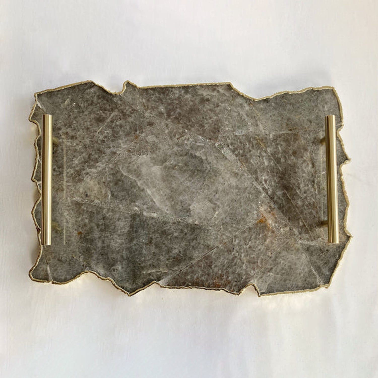 Large Smoky Grey Agate Serving Tray With Plain Modern Brass Handles/Personalised Momentos/Sign Boards 10"x15"-0