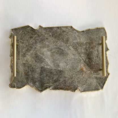 Large Smoky Grey Agate Serving Tray With Plain Modern Brass Handles/Personalised Momentos/Sign Boards 10"x15"-0
