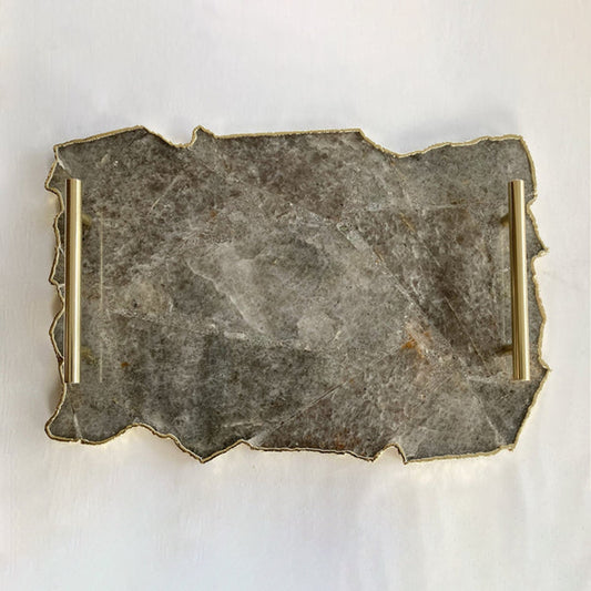 Large Smoky Grey Agate Serving Tray With Plain Modern Brass Handles/Personalised Momentos/Sign Boards 10"x15"-0
