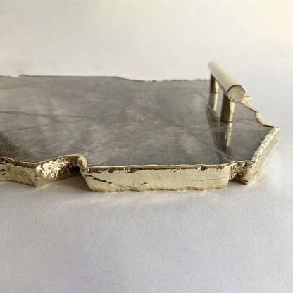Large Smoky Grey Agate Serving Tray With Plain Modern Brass Handles/Personalised Momentos/Sign Boards 10"x15"-3