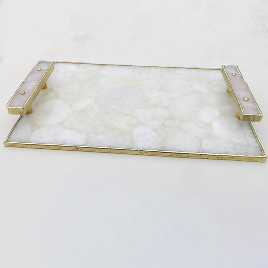 White Crystal Agate Plated Serving Tray With Rose Quartz Handles/Personalised Momentos/Sign Boards-0
