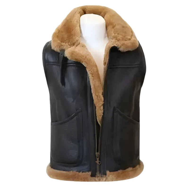 Men's Black Leather Sheepskin Gilet Vest