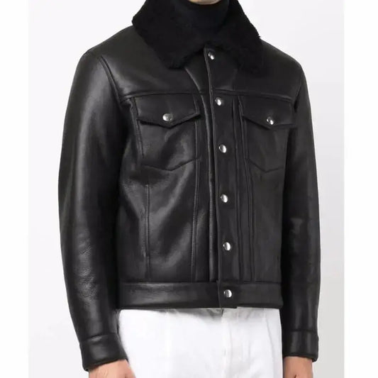 Men's Black Leather Trucker Jacket