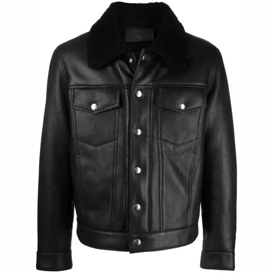 Men's Black Leather Trucker Jacket