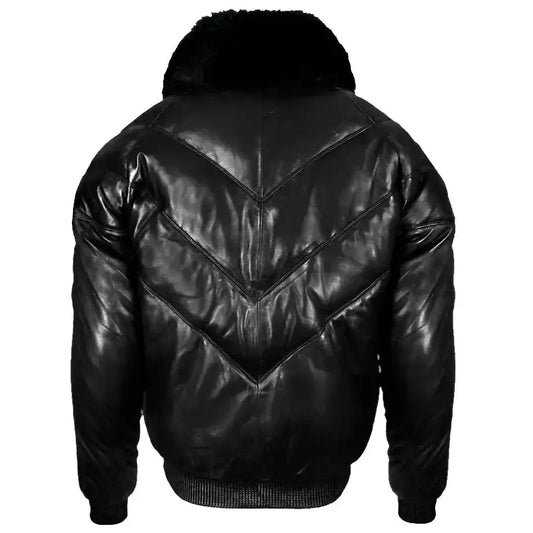 Men's Black Leather V-Bomber Jacket with Faux Fur
