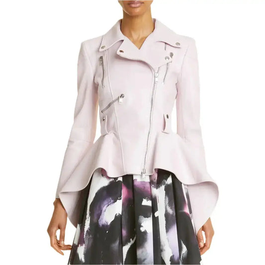 Women's Chic Pink Peplum Hem Leather Jacket