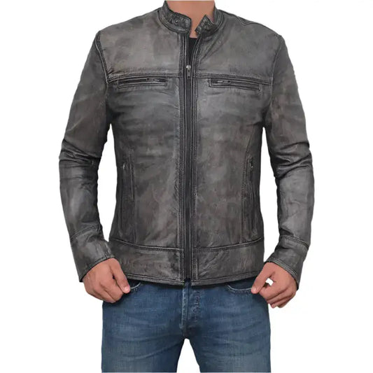 Distressed Dark Grey Lamb Leather Biker Jacket