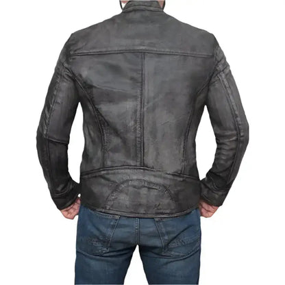 Distressed Dark Grey Lamb Leather Biker Jacket