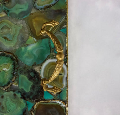 Light Green Agate Serving Tray With Brass Handles | Square-1
