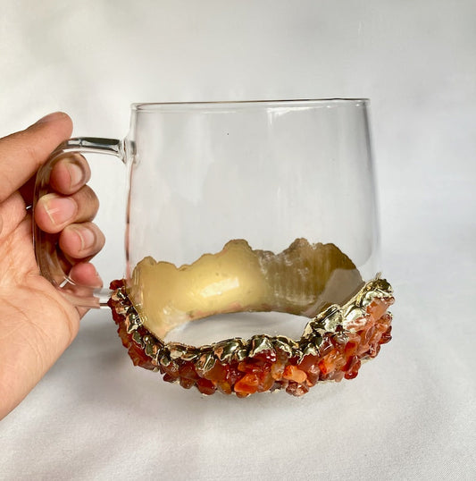 Set of 2 |Crystal Glass Coffee/Tea/Juice Mugs with Gold Plated Red Agate/Quartz Semi-precious Crystals | 17 oz/500 ml-0