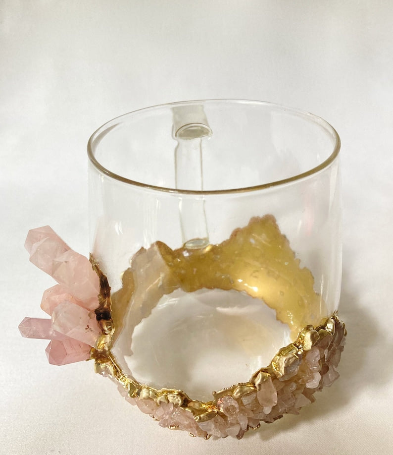 Set of 2 |Crystal Glass Coffee/Tea/Juice Mugs with Gold Plated Rose Quartz Agate/Quartz Semi-precious Crystals | 17 oz/500 ml-3