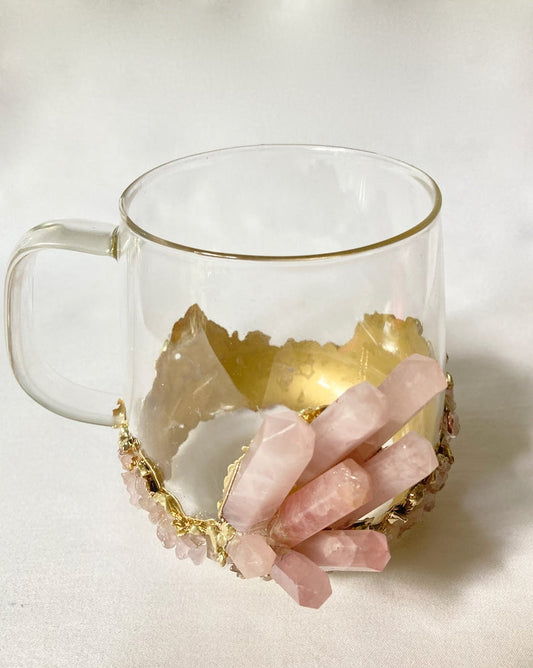 Set of 2 |Crystal Glass Coffee/Tea/Juice Mugs with Gold Plated Rose Quartz Agate/Quartz Semi-precious Crystals | 17 oz/500 ml-0