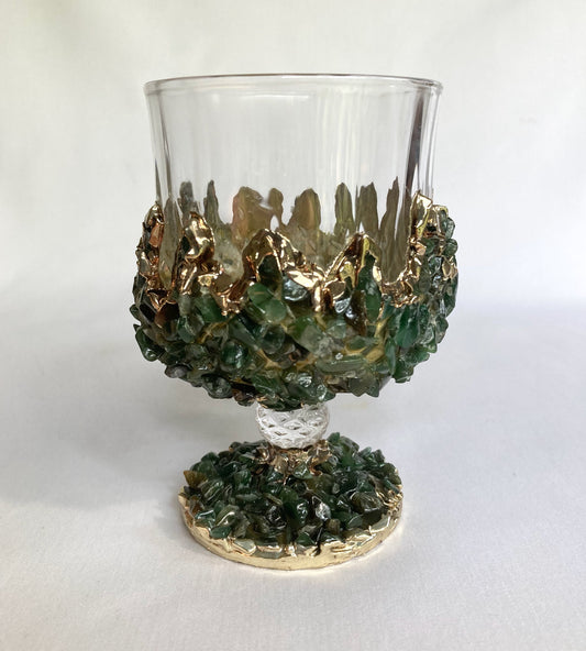 Set of 2 |Crystal Wine Glasses with Gold Plated Dark Green Agate/Quartz Semi-precious Crystals | 7 oz/210 ml-0